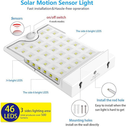 CREATIVE DESIGN 46 LED Solar Lights Outdoor with Mounting Pole, 4 Modes Solar Gutter Light Motion Sensor Light Wall Light for Patio, Barn,Porch,Garage,Stairs, Pack of 2
