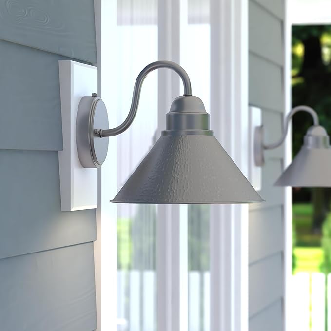 VAXCEL Outland 9 in. H 1-Light Brushed Pewter Dusk to Dawn Sensor Farmhouse Outdoor Wall Sconce, Gooseneck Metal Shade, LED Compatible, Dark Sky Compliant for Exterior Porch Patio Front Door or Garage