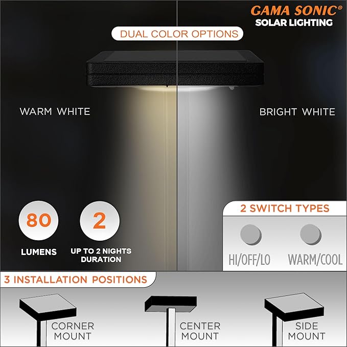 Gama Sonic Contemporary Black Square Solar Garden Light, Heavy Duty Cast Aluminum 80 Lumen with Bright White and Warm White LED Options, 26.75 in Tall for Sidewalk, Pathway, 4-Pack 117iP490080