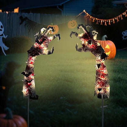 2PCS Solar Halloween Garden Stake Lights Zombie Hand Halloween Pathway Lights with Bats Spiders, Metal Landscape Path Scary Decorative for Pathway Patio Lawn Yard, Red