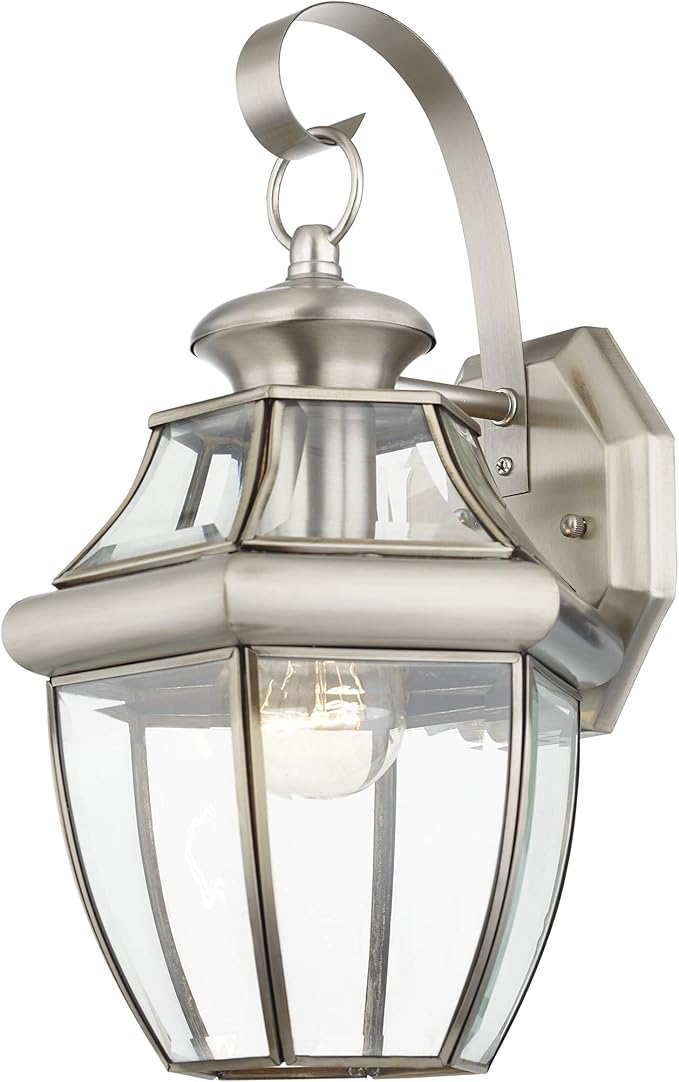 Livex Lighting 2151-91 Monterey 1 Light Outdoor Brushed Nickel Finish Solid Brass Wall Lantern with Clear Beveled | Lumora