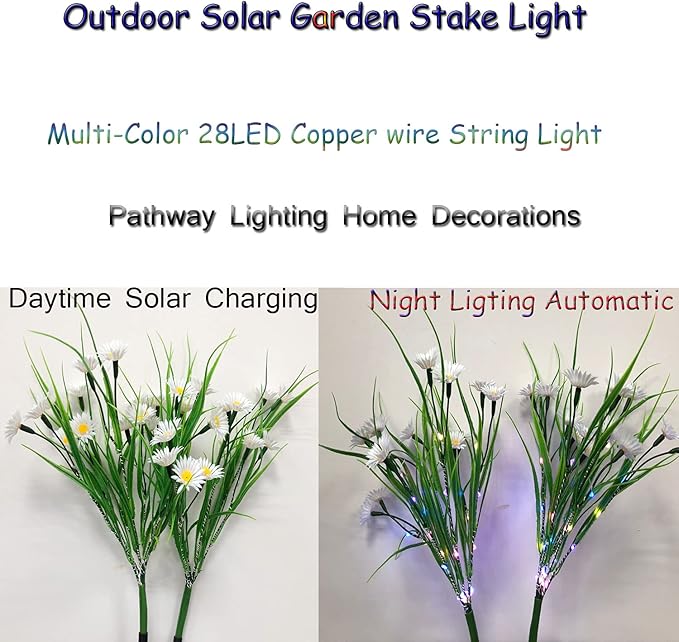 Solar Daisy Flower Decorative Garden Stake Lights, 28 LED, White & Multicolor, Floral Theme, Outdoor Decorations