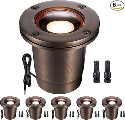 Gardenreet Brass Low Voltage Inground Landscape Lights - IP67 12V LED Well Light, Electric Outdoor Lighting, Antique Bronze for Walkway Garden Tree Without MR16 Bulb (6 Pack)