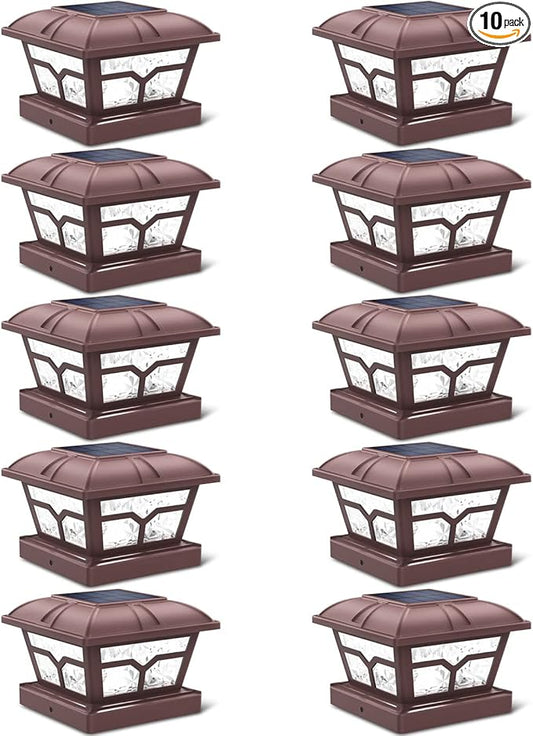 SIEDiNLAR Solar Post Cap Lights Outdoor 2 Color Modes 8 LEDs for 4x4 5x5 6x6 Wooden Vinyl Posts Fence Deck Patio Decoration Warm White & Cool White Lighting Brown (10 Pack)