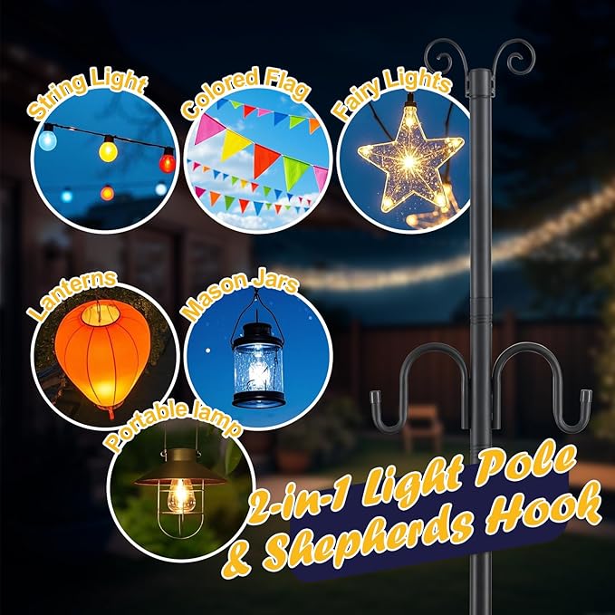 10FT String Light Poles 2Pack, 1.5 Inch Heavy Duty Poles for Outdoor String Lights with Shepherd Hook, 2 in 1 Light | Lumora