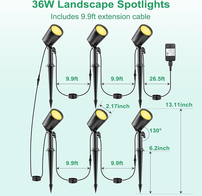deerdance LED Outdoor Landscape Lighting Low Voltage Landscape Pathway Lights Aluminum Wired Waterproof Outdoor Spotlights Uplight Transformer for Yard House Garden 24W 2400lm (Warm White, 6)