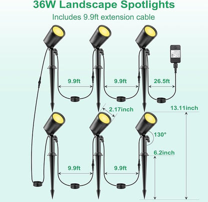 deerdance LED Outdoor Landscape Lighting Low Voltage Landscape Pathway Lights Aluminum Wired Waterproof Outdoor Spotlights Uplight Transformer for Yard House Garden 24W 2400lm (Warm White, 6)