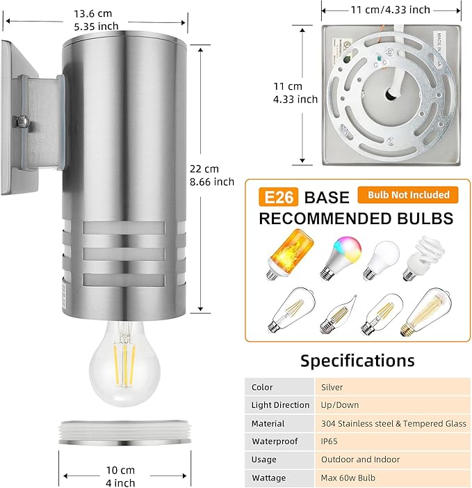 Outdoor Wall Lights, Exterior Dusk to Dawn Sensor Wall Lanterns, Stainless Steel Front Door Lights with E26 Base | Lumora