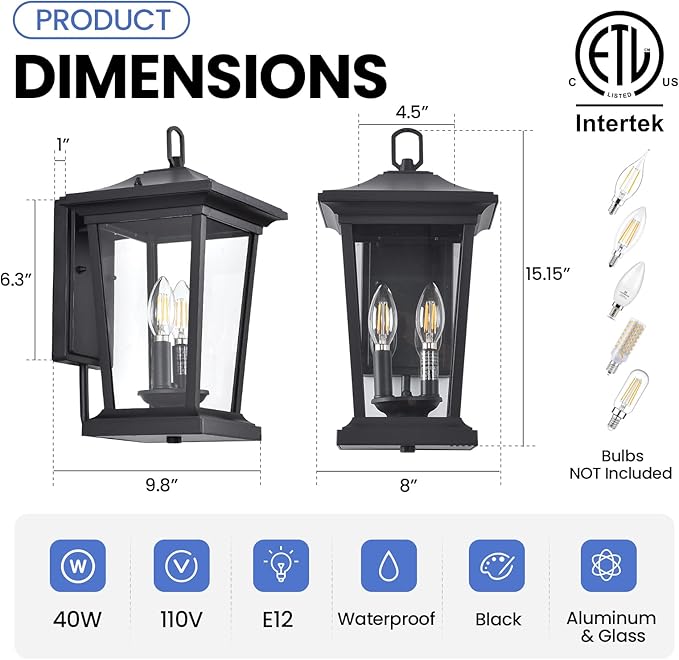 Dusk to Dawn Outdoor Wall Lantern, Large Exterior Wall Sconce Light Fixture with E12 Base, Waterproof Wall Mount | Lumora