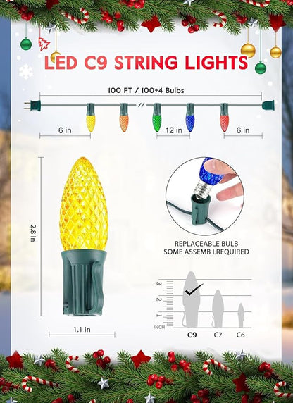 Minetom C9 Christmas String Lights, 100 Ft Multicolor C9 Outdoor Christmas Lights with 100 Strawberry Led Bulbs, Connectable UL Certified for Outdoor Indoor Roofline Holiday Backyard Xmas Decor