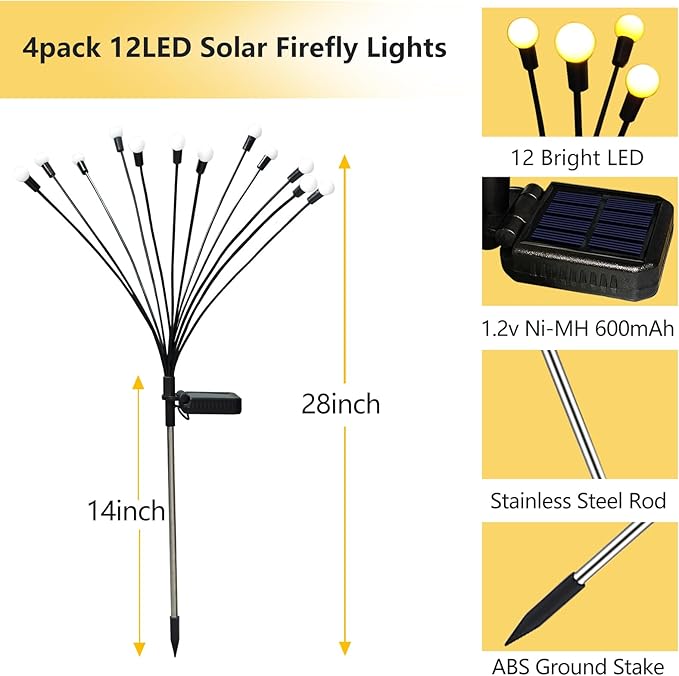 Solar Garden Lights Outdoor, 4 Pack 40 LED Solar Firefly Lights Waterproof, Sway by Wind, Swaying Light for Yard | Lumora