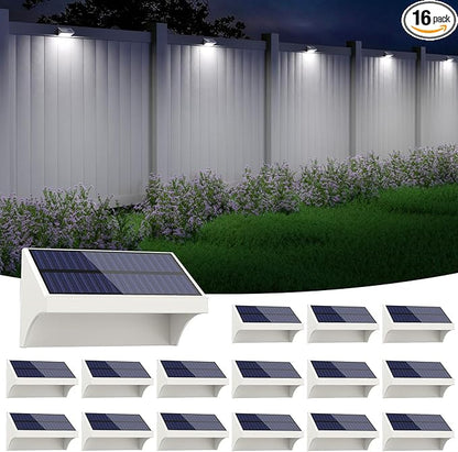 NIORSUN Outdoor Fence Lights, 16 Pack Waterproof LED Solar Fence Lights with 1500mAh Battery, Warm White/Cool White/RGB, Easy-to-Install Wall Light for Deck, Patio, Railing, Stairs, Backyard – White