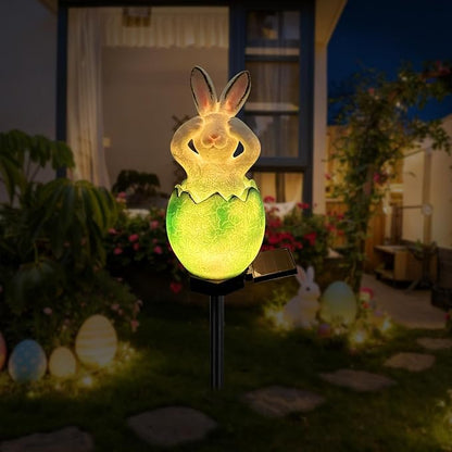 Solar Easter Egg Bunny Lights Outdoor, Waterproof Easter Solar Lights Rabbit Bunny Garden Statue Easters Yard Egg Decorations Outdoor for Outside Cemetery Grave (Green Don't See)
