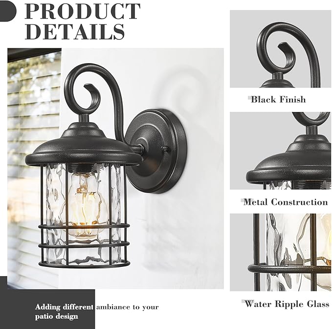 Emliviar 2 Pack Outdoor Wall Lighting Fixtures, 10" Exterior Carriage Lights with Water Ripple Glass, Die-Cast Aluminum in Black Finish, OS-1803CW1-WG