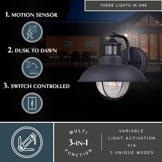 VAXCEL Harwich Black Motion Sensor Dusk to Dawn Coastal Outdoor Wall Light