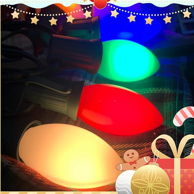 C9 LED Multicolor Christmas Light, 25FT Vintage Christmas Lights with 26 Ceramic LED Bulbs(1 Spare), Hanging Connectable Christmas Tree Roofline Lights for Patio Garden Holiday Home Christmas Decor