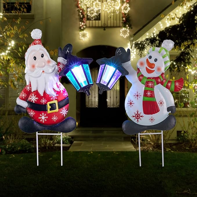 2pk Solar Garden Lights Christmas Decorations Metal Yard Signs Snowman and Santa Mixed Set for Christmas Newy Year Yard Garden Decor
