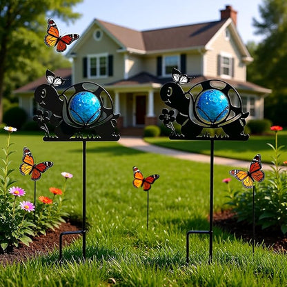 Turtle Solar Lights Outdoor Decorations, 2 Pack Metal Iron Solar Stake Lights for Yard, Garden, Lawn Decor