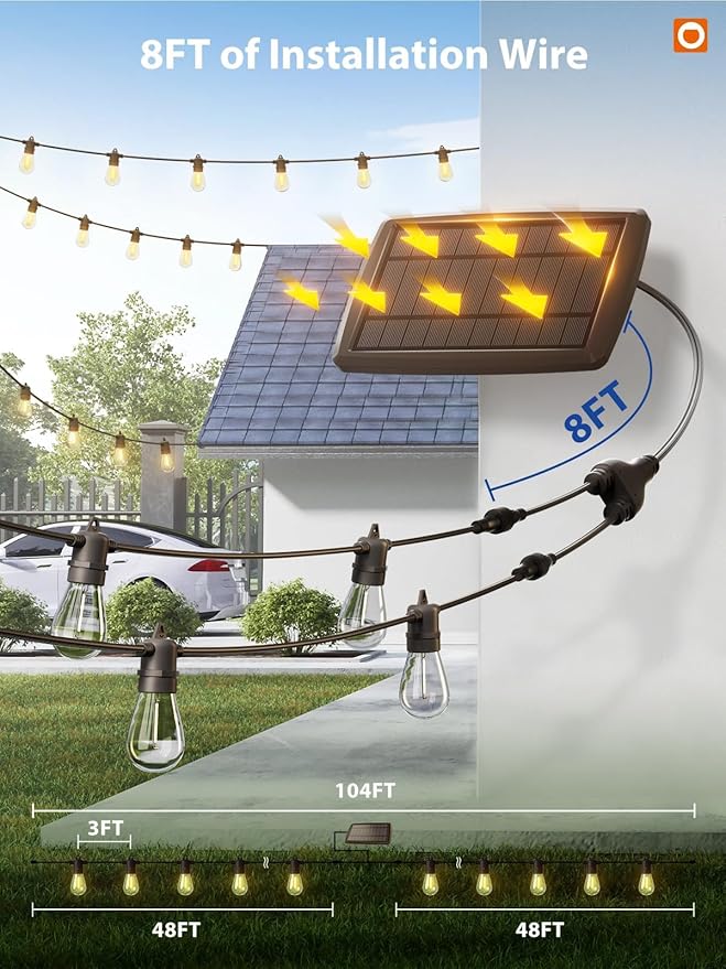 addlon 104FT(98FT+6) Solar String Lights Outdoor Waterproof with USB Port & Remote Control Solar Patio Lights for Outside Solar Powered with 34 LED Dimmable Bulbs for Porch Garden Deck Halloween