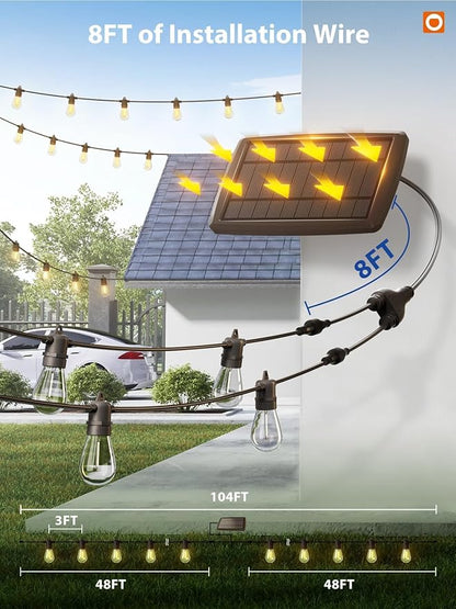 addlon 104FT(98FT+6) Solar String Lights Outdoor Waterproof with USB Port & Remote Control Solar Patio Lights for Outside Solar Powered with 34 LED Dimmable Bulbs for Porch Garden Deck Halloween