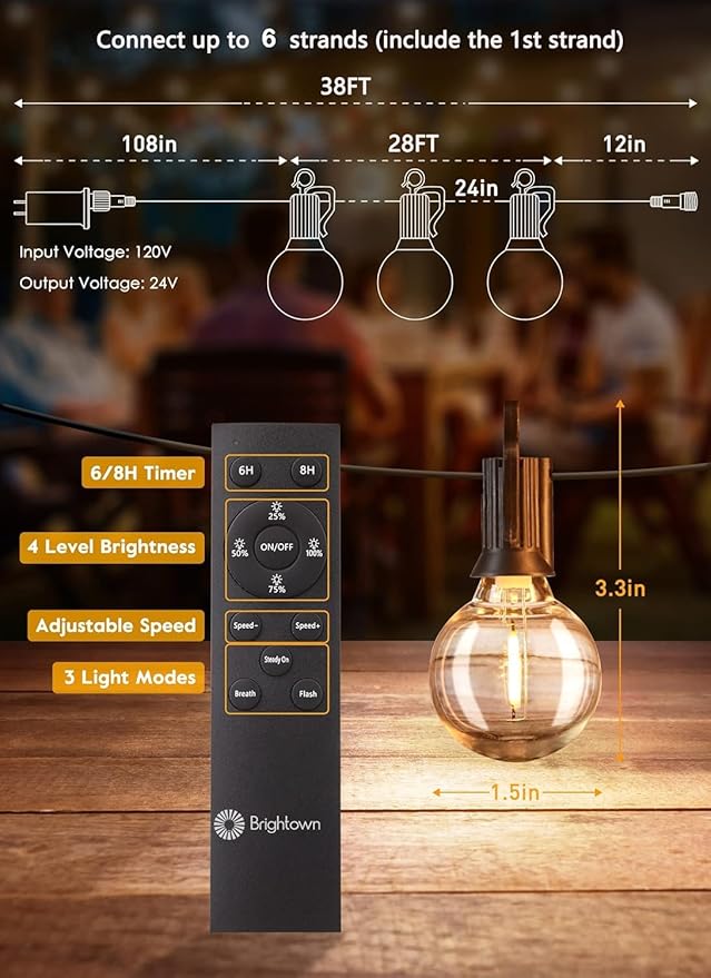 Brightown Outdoor String Lights with Remote, 2 Packs Each 38Ft 15 LED Patio Lights Outdoor Waterproof, String Lights for Outside, Hanging Lights for Porch Balcony Bistro Cafe