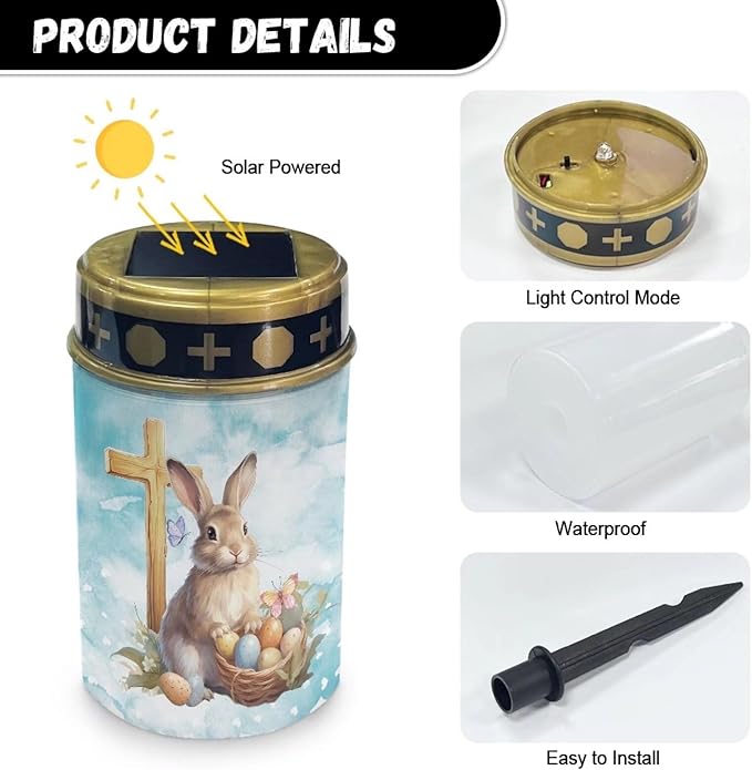 Cute Rabbit Solar Light Outdoor Waterproof Easter Solar Lights Outdoor Solar Cross for Cemetery Grave Flameless Solar Powered Light for Prayer Solar Lights for Outside Yard Walkway