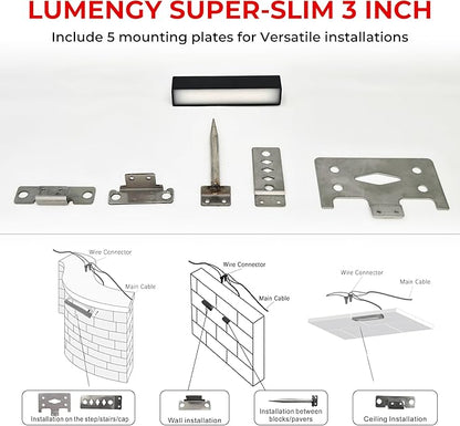 LUMENGY 3 inch 1w Super Slim LED Ambiance Hardscape Lights, 2700K Daylight, 5 Mounting Plates for Outdoor BBQ, Posts, Steps, Planters, Pavers & Walls, No Screws, Easy Installation Design V2 (6-Pack)