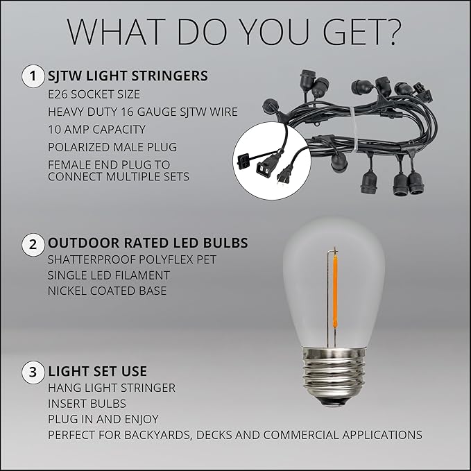 Wintergreen Lighting 50ft S14 Shatterproof Outdoor String Lights, 25 Edison Bulbs on Suspended Sockets Dimmable LED | Lumora