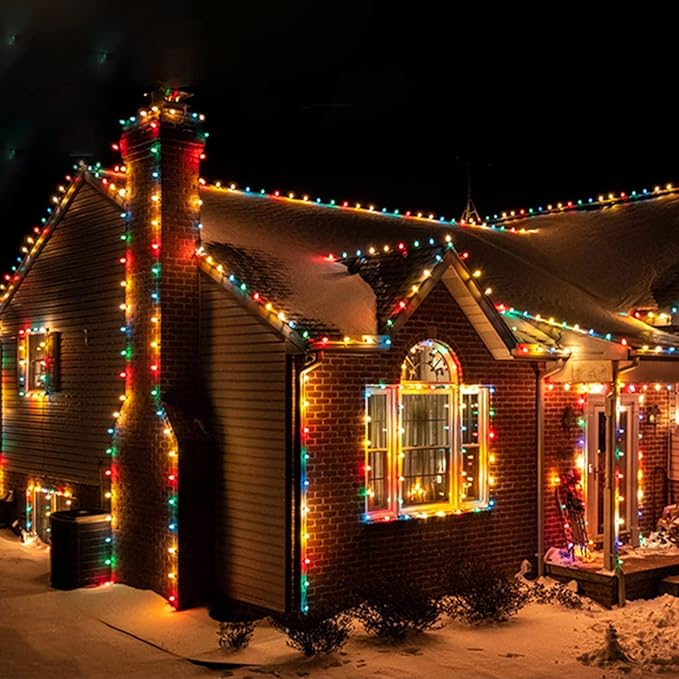 Abeja C7 LED Multicolor Christmas Lights, 25Ft Outdoor Christmas String Lights with 27 Shatterproof Bulbs, Green Wire Vintage Decor for Xmas Tree, Patio, Roofline, Garden, Party Indoor Outdoor