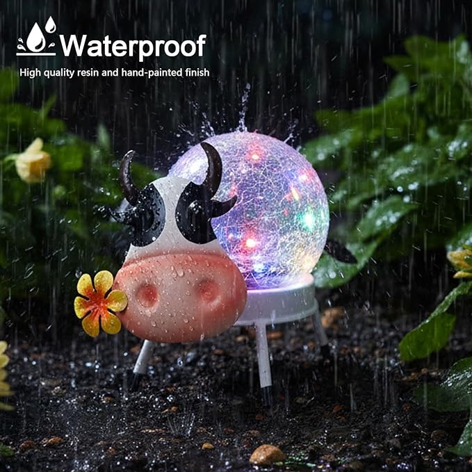 Solar Lights Outdoor Dairy Cow Decor with Crackle Glass Globe Lights - Cute Metal Cow Decor - Garden Figurine Light | Lumora