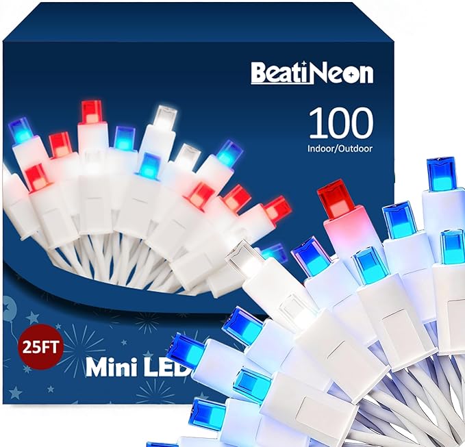 American LED String Lights (Red & White & Blue - Steady, 25FT), Mini LED USA String Lights, Waterproof Fairy Patriotic Lighted Decor for Holiday Party Patios July 4th Independence Day New Year