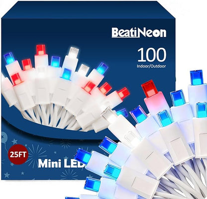 American LED String Lights (Red & White & Blue - Steady, 25FT), Mini LED USA String Lights, Waterproof Fairy Patriotic Lighted Decor for Holiday Party Patios July 4th Independence Day New Year