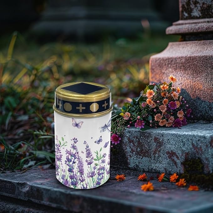 Poceacles Solar Lights Outdoor Cemetery Flameless LED Lights Grave Solar Lantern Outdoor Waterproof Decorative for Cemetery Grave Lawn Outdoor Decor, Hyacinth Flower Butterfly, Pack of 2