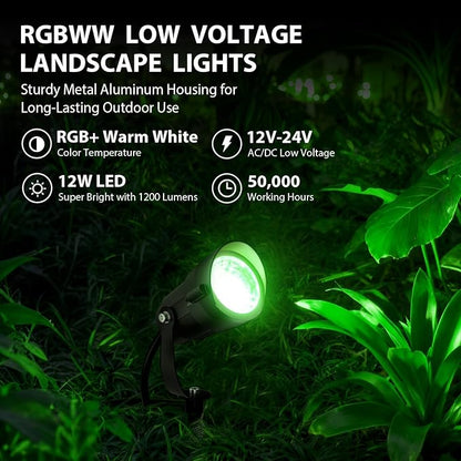 RGBWW Low Voltage Landscape Lighting with Remotes, 12W Color Changing LED Outdoor Spotlights RGB Landscape Lights 12V-24V AC/DC Waterproof for Gardens, Yards, Trees, Pathway, Festival Decor, 2 Pack