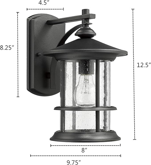 MICSIU 12.5" Textured Black Outdoor Wall Sconce 2 Pack, Large Exterior Light Fixtures with Clear Seedy Glass, Waterproof Anti-Rust Wall Mount Lantern for House, Porch, Garage, ETL Listed