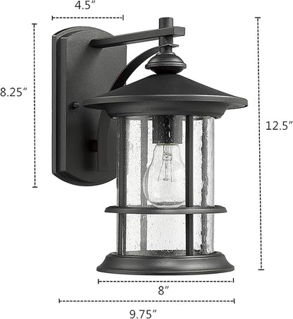 MICSIU 12.5" Large Outdoor Wall Light Fixture, Textured Black Exterior Sconce with Clear Seeded Glass, Anti-Rust Farmhouse Porch Light for Front Door, Garage, Patio, E26 Base, 1-Pack