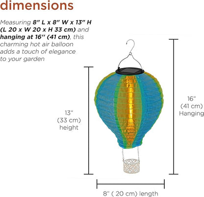 Alpine Corporation QLP1566SLR-YLBL Solar-Powered Cloth Hot Air Balloon with Flame LED Lights, LED Solar Décor, 13" H, Yellow
