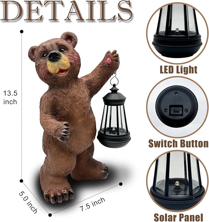 Solar Lantern Garden Statues Decor, 14" Large Outdoor Bear Figurine Lights for Yard Patio Decoration - Unique Christmas Housewarming Gift for Grandma Wowen Mom Brown