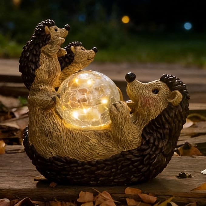 Solar Hedgehog Statue with Ball Lamp, 9x5x9 Inch Outdoor Garden Decor, Cute Resin Animal Figurine for Yard Pathway & Patio Lighting