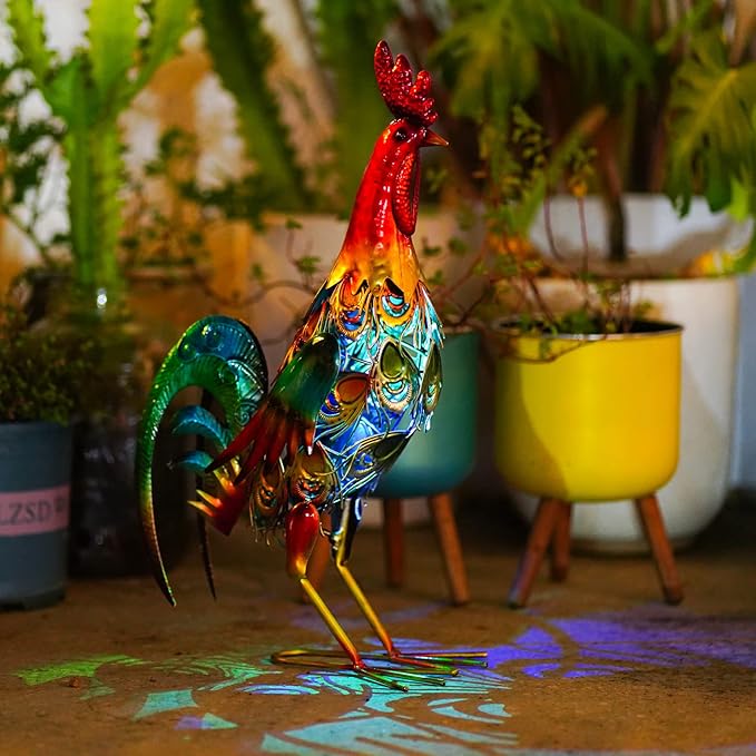 19 Inch Solar Rooster Statue, Metal Yard Art with Colorful Lights for Garden Lawn Outdoor Decoration Gifts | Lumora
