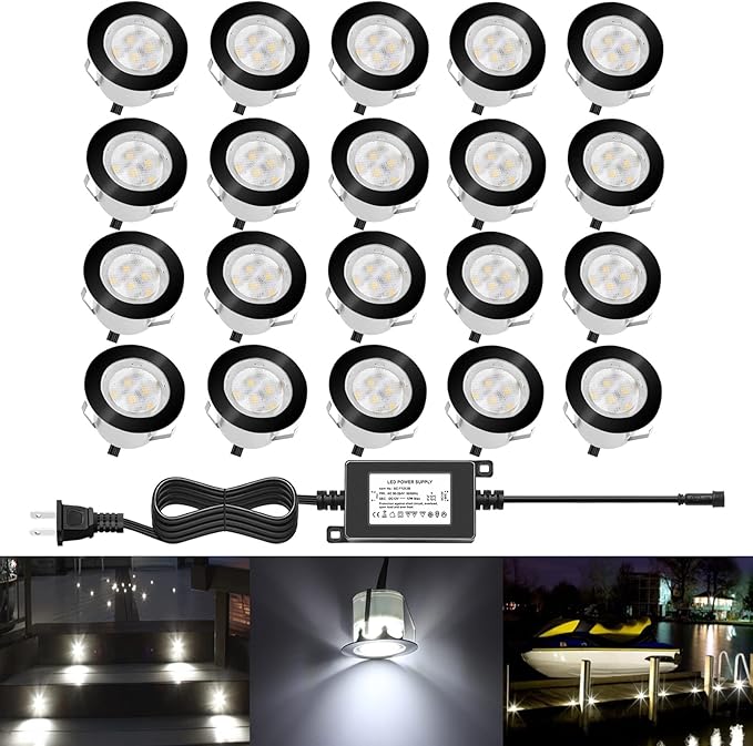 Deck Lights Outdoor Waterproof Low Voltage Lighting Kit Stainless Steel 1W Outdoor Yard Garden Decoration Lamps Landscape Pathway Patio Step Stairs Black Border(20pcs,Cool White)