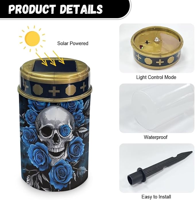 HUGS IDEA Gothic Skull Solar Grave Lights Blue Rose Solar Lights Outdoor Garden Stake Dark Elegance ABS Decor Waterproof Garden Lanterns for Yard Patios