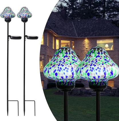 Solar Outdoor Lights Decorative Solar Glass Mushroom Lights Waterproof LED Waterproof Garden Stake Light for Walkway Pathway Lawn Patio Yard Decorations 2 Pack Multi