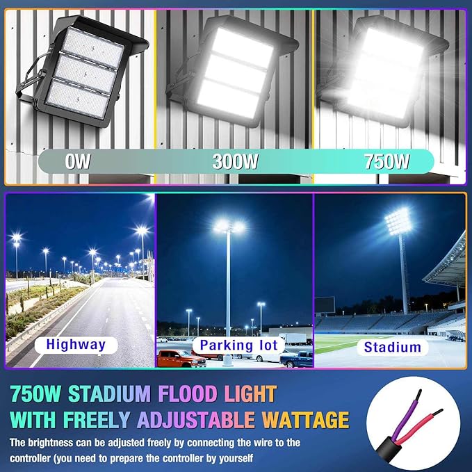 ledmo 750W Dimmable LED High Mast Stadium Light, Outdoor 90000LM Super Bright Floodlight Commercial 100-277V 5000K Daylight IP66 Adjustable Waterproof Arena Lighting for Sport Court