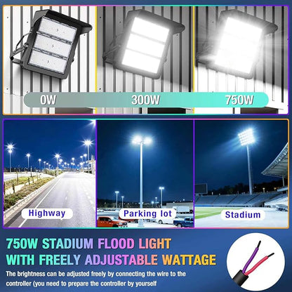 ledmo 750W Dimmable LED High Mast Stadium Light, Outdoor 90000LM Super Bright Floodlight Commercial 100-277V 5000K Daylight IP66 Adjustable Waterproof Arena Lighting for Sport Court