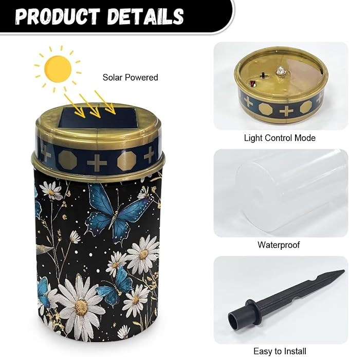 HUGS IDEA Blue Butterfly Angel Garden Ornaments Daisy Solar-Powered Grave Lights Waterproof Memorial Lanterns for Cemeteries, Patios Lumiere Solaire Pour Tombeau