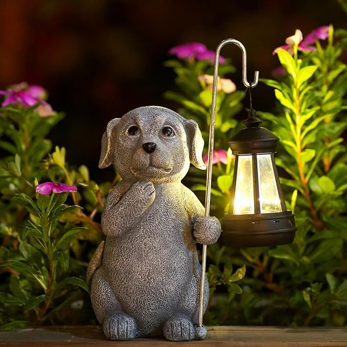 Qeeman Solar Dog for Garden Decor: Weatherproof Resin Statues with Lantern for Outdoor Outside Yard Pathway Patio Porch Balcony Decorations - Gifts for Mom Grandma Dog Lovers
