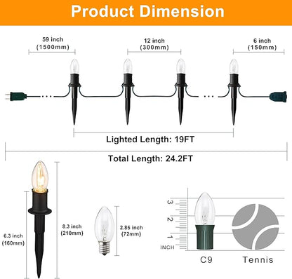 Outdoor Warm Christmas Pathway Lights, 24.2ft 20 Lights with Stakes, Outside Walkway Marker, C9 Christmas Decor, Driveway Decorations, Waterproof, Hanging or Plugging