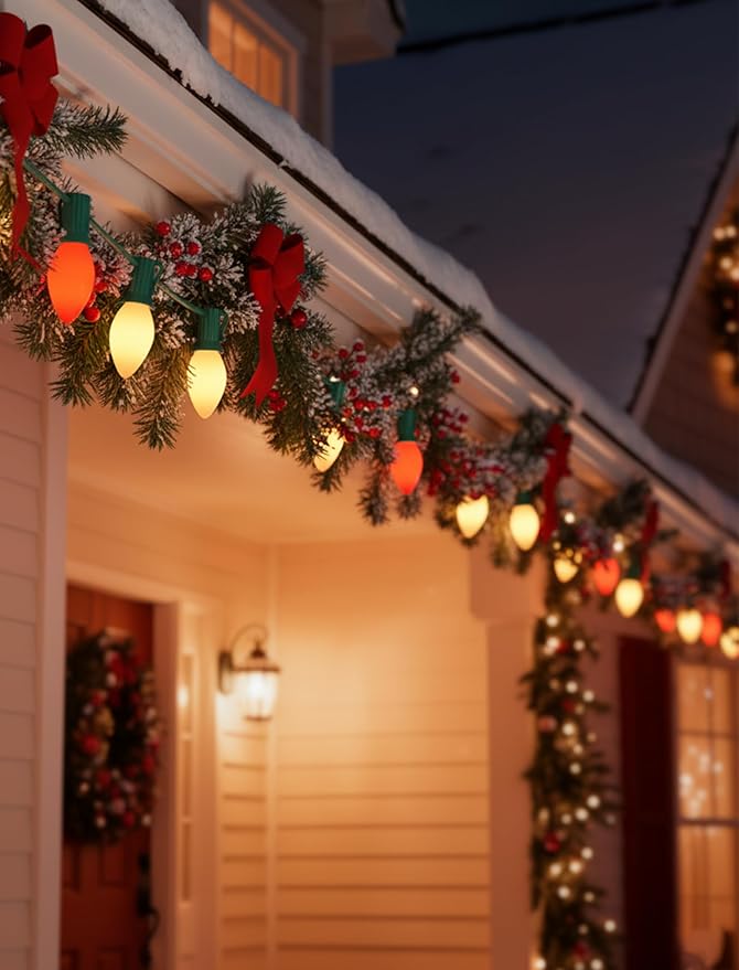 C7 Red/White Incandescent Christmas Lights, 25Ft Valentine's Day Lights with 27 Red/White C7 Ceramic Bulbs,for | Lumora