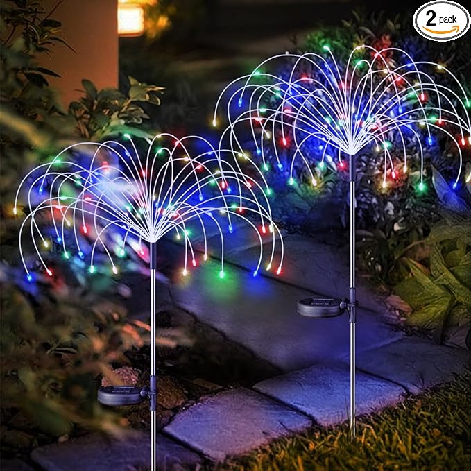 2 Pack Solar Garden Lights, 120 LED Solar Firework Lights for Pathway, Yard, Party, Christmas Decor, Multicolor, IP65 Waterproof, DIY Copper Wire, Auto On/Off